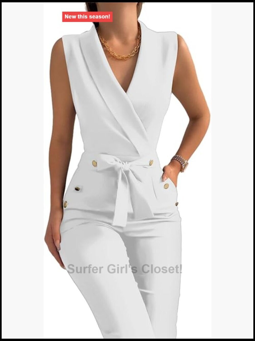 V Neck Sleeveless Jumpsuit with Belt and Pockets Wide Leg Business Casual